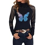 EMAlusher Libellen Print Damen Langarmshirt Slim Fit Bluse Spitze Ärmel Oberteile Rollkragen Basic Shirt Lässiges Langarm Tshirt Tunika Leichte Hautfreundliche T-Shirt Business Hemd Sw