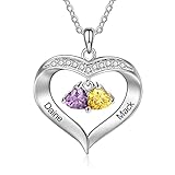 Albertband Personalisierte 1-8 Geburtssteine Halskette Silber 925 Halskette Damen Herz Anhänger mit Namensgravur Mutter Tochter Kette Geschenk zum Muttertag Valentinstag Weihnachten (2 names)