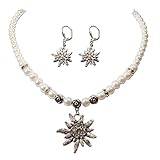 Schmuckset Trachtenkette & Edelweiß-Ohrhänger - Damen Trachtenset Perlenkette & Trachten-Ohrringe, Dirndlkette Strass-Edelweiss für Trachtenbluse, Oktoberfest Dirndl-Schmuck (creme-weiß)