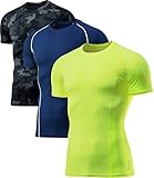 Athlio BTS02 Herren Kompressions-T-Shirts, kurzärmelig, 3 Stück, Herren Damen Jungen Mädchen, 3er-Pack (BTS02) - Camo Black/ Navy/ Neon, M