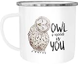 Moonworks Emailletasse Becher Eule Spruch Owl I need is you All i need is you Kaffeetasse weiß