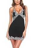 Avidlove Nachtkleid Damen Sexy Reizwäsche Babydoll Spitze Dessous Negligee Kurz Nachthemd Rückenfrei Lingerie Kleid Nachtwäsche Sleepwear mit String Schwarz XXL
