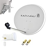 Zehnder 60cm Spiegel Schüssel Stahl + LogiSat Single LNB | 1 Teilnehmer HD Digital SAT Anlage Set hellgrau | DVB-S/S2 Full HDTV 3D 4K Ultra HD UHD Empfang