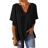 NPRODLO Damen Sommer Halbarm Tiefer V-Ausschnitt Seide Chiffon Einfarbig T-Shirt Tops Bluse Frauen Elegant Weich Leicht Kompfort Legere Geschäftskleidung Basic Lose Plissee Rüschen Saum Hemden S