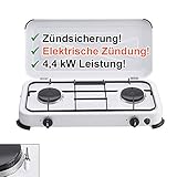 CAGO Camping-Kocher Gaskocher 2-flammig 50 mbar Weiss mit Zündsicherung, mit elektrischer Zündung Gasherd 2 B