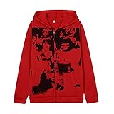 Yizc Damen Durchgehendem Reißverschluss Hoodie,Langarm Harajuku Grafik Mantel Gothic Pullover Oversized Sweatshirt,Porträt Printed Mädchen Shirt Jacke für Herbst-Rot X-Larg