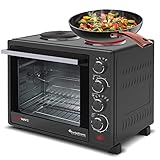 Turbotronic / Minibackofen mit Umluft und Kochplatten / 35l / schwarz / 3200W, Mini Backofen mit Timer, Pizzaofen, Drehspieß, Backblech, Innenbeleuchtung