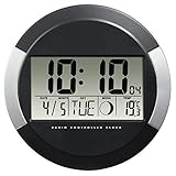 Hama Digitale Wanduhr mit Temperaturanzeige, „PP-245“ (DCF Funkuhr mit Datum, Thermometer, Mondphasen, zum Aufstellen/Aufhängen, 24.5cm Durchmesser, rund) Digitaluhr, Baduhr silber/schw