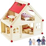 rcee Puppenhaus aus Holz für Puppen, Puppenstube mit 2 Etagen, 4 Puppen und 9 Möbel, Tragegriff (2 Etagen Puppenhaus)