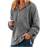 AllinKlei Damen Einfarbiges Langarm-Kapuzen-Sweatshirt Stilvoller lässiger lockerer V-Ausschnitt Winter Button-down Kordelzug