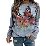 Damen Elegant Blusen Langarmshirts Lässig Oberteile Bluse Tops Bunt Pullover Vintage Langarm Shirts Basic Sweatshirt Schmetterling Druck Tunic Tunika Longshirt Kuschelig Jumper Outw