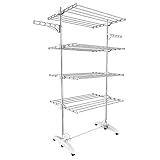 Todeco - Wäsche-Trockengestell, Wäscheständer - Material: Edelstahlrohre - Maximale Belastbarkeit: 3 kg pro Stützstange - 4 Ablagen, Weiß, mit Flüg