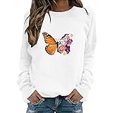 Liably Damen Langarm Pullover Butterfly Drucken Einfarbig Bluse Rundhals Lose Weich Oberteile Herbst Elegant Basic Freizeit Leicht Sweatshirt Teenager Mode Top