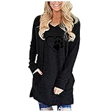 MOKBAY Damen Langarm Tops Casual Dog Paw Print Pocket Stitching Langarm V-Ausschnitt Loses mittellanges Top T-Shirt Elegantes Hemd Damen Tunika Bluse Damen Festival Top Surf S