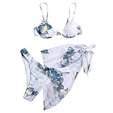 Damen Batik-Bikini, Badeanzüge mit Netz-Strandrock, 3-teiliger Badeanzug, sexy geteilter Bikini, Badeanzug, weiß, M