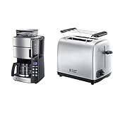 Russell Hobbs Kaffeemaschine mit Mahlwerk, Glaskanne 10 Tassen, digitaler programmierbarer Timer, 3-stufige Mahlgradeinstellung & Toaster Adventure, inkl. Brötchenaufsatz, 6 einstellbare, 850 W