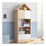 QIFFIY Bücherregal Bücherregal Aufbewahrung Vitrine mit Schubladen, Hausförmiges Bücherregal, Multifunktionsregal mit Tür für Zuhause und Büro, Bücherregal (Größe: 5-lagige Holzfarbe)