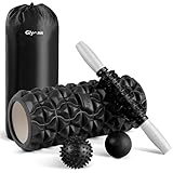 Glymnis Faszienrolle Set Foam Roller 4 in 1 Faszien Set mit Schaumstoffrolle Massageroller Massagebälle für Faszientraining Yoga Sport Fitness Pilates (Schwarz)