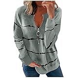 Damen Pullover Blusen Elegante Reißverschluss Langarmshirts Bluse Tunika Oberteile T-Shirt Tiefer V-Ausschnitt Tops Damen Freizeit T-Shirt Sommer Tunika Lose Oberteil Tshirt mit Reiß