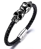 Halukakah ● Attentäter ● Herren-Armband Handgefertigt | Echtleder Schwarz | Rohr Magnetverschluss Edelstahl in Silber | mit Titan Schädelform Perlen in Schwarz | KOSTENLOS Geschenkbox | 21.5