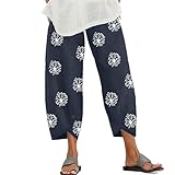Damen Übergröße Elastische Taille Baumwolle Capri Hose Relaxed Lose Freizeithose Cropped Palazzo Pants mit Taschen, marineblau, L