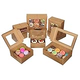 EZOLY 16 Stück Cupcake Box Kuchenbox Pappe für Kekse, Cupcakes, Macarons, Muffin, Tortenkartons–Robust und Einfach Karton mit Sichtfenster, Einfach zu Falten (Braun)