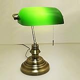 Bankerslampe Schreibtischleuchte mit Zugschalter Fassung E27 Bürolampe altmessing Schirm grün Arbeits-Nachttisch-Tisch-Lampe-Leuchte Nostalgielamp