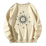 Pullover Damen Vintage Bluse Tunika mit Sonnen Mond Print Lässiges Langarmshirt Hemd Mode Schlichtes Sweatshirt Überschnittene Schultern Lange Ärmel Sportbekleidung Oberteile mit O