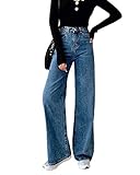 Minetom Damen Jeans Boyfriend High Waist Jeanshose Locker Lang Boyfriend Jeans Blau Weites Bein Hose Denim Straight Lässig Weich Pants (Small, D Dunkelblau)