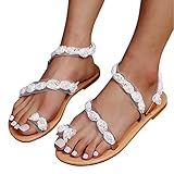 ROUNYY Frauen Sandaletten Perlen Dlumen Dekoration Damen Sandalen Peep Toe Atmungsaktive SandalenZehe Kneifen Schuhe Einfarbig Flach Römische Sandalen Strand S