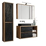 Lomadox Badmöbel Komplett Set Eiche mit Beton dunkel, 100 cm Waschtisch-Unterschrank, 61 cm Keramik-Waschbecken schwarz, LED-Spiegelschrank, Hochschrank, B/H/T 160/200/46