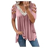 Bluse Shirt Tunika Damen Pullover Damen Blusen Kurzarm Reißverschluss Oberteile Elegant Sexy V-Ausschnitt Sommerbluse Einfarbig Tunika Oberteile Basic T-Shirt Tops Lose Kurzarm Shirt Oversize M