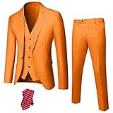 YND Herren Slim Fit 3-teiliger Anzug, Ein-Knopf-Jacke, Weste, Hose, Set mit Krawatte, Orange, XX-Larg