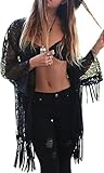 Mangotree Damen Sehen Durch Spitze Kimono Cardigan Exotische Vintage Boho Hippie Häkeln Quasten Mini Kleid Bikini, XL, Schw
