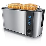 Arendo - Edelstahl Toaster Langschlitz 4 Scheiben - Defrost Funktion - wärmeisolierendes Gehäuse - mit integrierten Brötchenaufsatz - 1500W - Krümelschublade - Display mit Restzeitanzeige - Silb