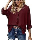 Alleen Damen Chiffon Bluse Lose Einfarbige Oberteile V Ausschnitt Langarmshirt (M, Rot)