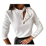 AllinKlei Damen Off Shoulder Knöpfe nach unten Lässiges Langarm-Oberteil Loser Rundhals-Pullover Elegantes stylisches Neckholder-B