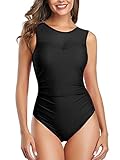 Damen Bademode Masche Schlankheits Badeanzug High Neck Bauchweg Einteilig Strandmode Schwarz XL