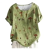 NHNKB Oberteile Damen Kurzarm Bluse Sommer Baumwolle & Leinen Rundhalsausschnitt Shirt Arbeit Loose Pilz Top