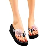 JLGY Zehentrenner Damen Plateau Slippers Flach Sandalen Bohemian Strandsandalen Hausschuhe Sommer Zehensandalen Freizeitsandalen Blumen Flipflop Pantoletten S