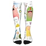 Oberschenkelhohe Socken aus Baumwolle, Overknee-Socken, lange Kniestrümpfe für Damen, 60 cm, Niedliches Alien-Creatures Lachendes Design mit Blumen Kinder Cartoon Illustration, O