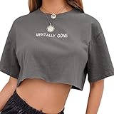 Crop Tops Damen Sommer, Teenager Mädchen Mode Mentally Gone Stickerei Bauchfrei Oberteile Locker Casual Sport Blusen Shirt Hemd Kurzes Tank Top F