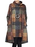 FTCayanz Damen Rollkragen Tunika Kleid Vintage Langarm Kariert Shirt A-Linie Pullover Oberteile mit Taschen Gelb L