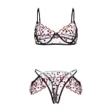 POOSCA Sexy Dessous, sexy Dessous mit Stickerei, Spitze, drahtlos, BH, Tanga, Unterwäsche für Damen, transparent, sexy Unterwäsche (Farbe: Schwarz, Größe: XXL)