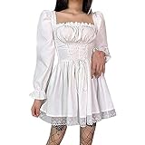 Lazzboy Halloween Kostüm Damen Prinzessin Kleid Frauen Spitze Splice Punk Party Langarm Mittelalter Renaissance Gothic Retro Kleider Cosplay Bodenlangen Ballkleider Kleidung (S,Weiß)