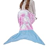 Viviland Meerjungfrau Decke für Jugendliche Mädchen, Fischschuppen Muster, super weiche Plüsch Flanell Schlafsack Decke, Gitter Regenbogen/Blau, 48x130