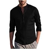 DRESCOKLJ Herren Leinenhemd Langarm Regular Fit Langarmhemd Sommer Lässige Hemd Freizeithemd Männer Stehkragen Knöpfen Shirt Einfarbig Leicht Businesshemd S