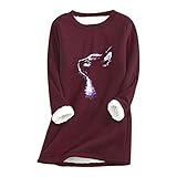 MEITING Damen Fleece Pullover Winter Warme Langarmshirt Rundhals Sweatshirt Unterhemd Bequem Weich Gefüttert Pullover Dicker Plüsch Lamm Kaschmir Pulli Langarm Shirts Bedrucktes Oversize Oberteil Top