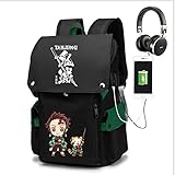 EDMKO Anime Schultasche Demon Slayer Daypack Kamado Tanjirou Rucksack College Bookbag Laptop Rucksack Schulranzen Laptop Tasche mit USB-Ladeanschluss,Schw