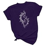 Frauen T-Shirt Vintage Sonne und Mond gedruckt Tops 3D Blumenmuster Tunika Casual Solid Color Kurzarm O-Ausschnitt Bluse(XXXL,Violett)